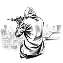A black and white drawing depicting a hooded man from a rear view, positioned on the edge of a building rooftop