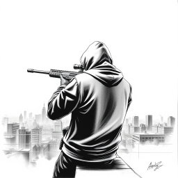 A black and white drawing depicting a hooded man from a rear view, positioned on the edge of a building rooftop