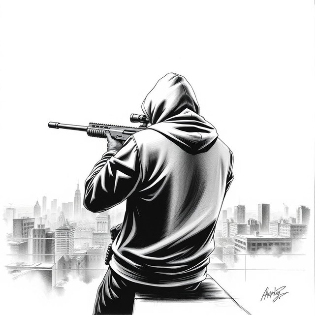 A black and white drawing depicting a hooded man from a rear view, positioned on the edge of a building rooftop