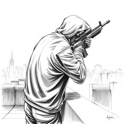 A black and white drawing depicting a hooded man from a rear view, positioned on the edge of a building rooftop