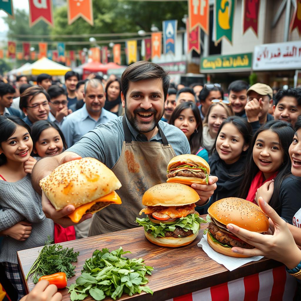 A man proudly making a sandwich and a burger made of Iranian Gormeh Sabzi, surrounded by a crowd of astonished onlookers