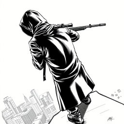 A black and white drawing featuring a hooded man captured from the rear, standing on the edge of a building rooftop