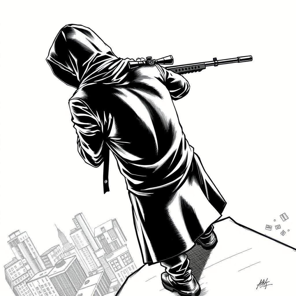 A black and white drawing featuring a hooded man captured from the rear, standing on the edge of a building rooftop