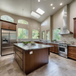 A spacious and beautifully arranged modern kitchen with high-end appliances, granite countertops, and ample natural light.