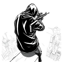 A black and white drawing featuring a hooded man captured from the rear, standing on the edge of a building rooftop