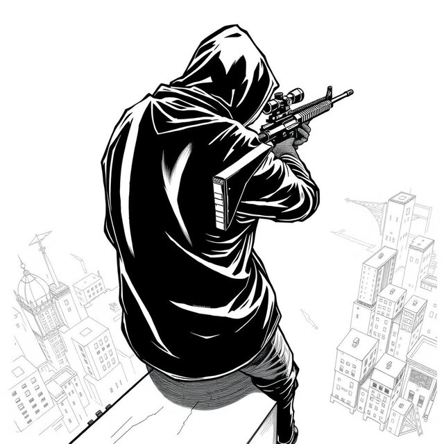 A black and white drawing featuring a hooded man captured from the rear, standing on the edge of a building rooftop