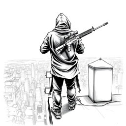 A black and white drawing featuring a hooded man captured from the rear, standing on the edge of a building rooftop