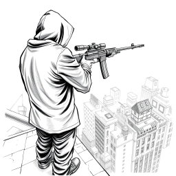 A black and white drawing featuring a hooded man captured from the rear, standing on the edge of a building rooftop