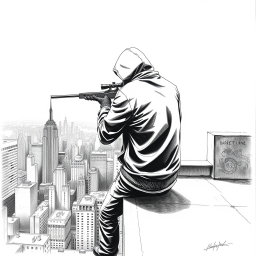 A striking black and white drawing of a hooded man viewed from the rear, positioned on the edge of a building rooftop
