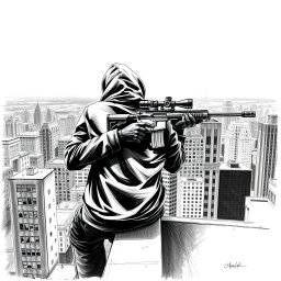 A striking black and white drawing of a hooded man viewed from the rear, positioned on the edge of a building rooftop