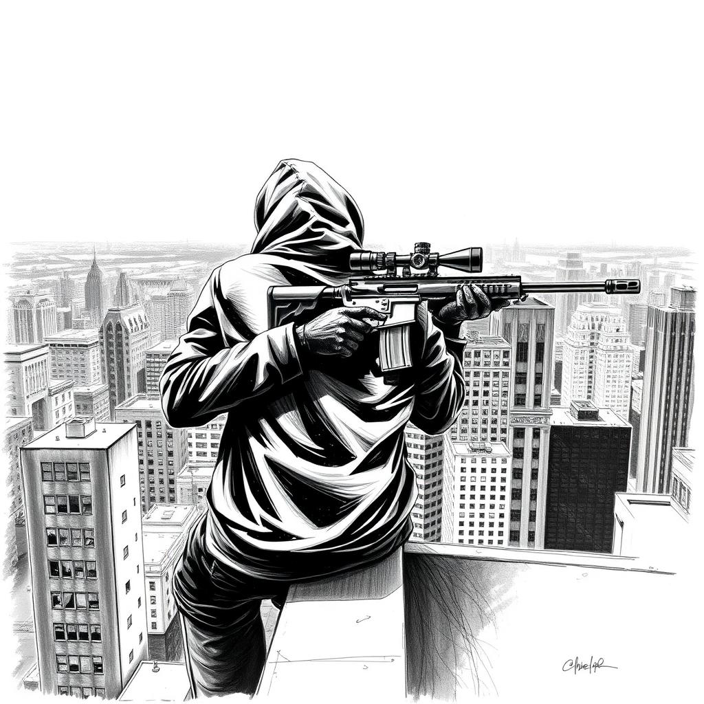 A striking black and white drawing of a hooded man viewed from the rear, positioned on the edge of a building rooftop