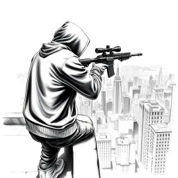 A striking black and white drawing of a hooded man viewed from the rear, positioned on the edge of a building rooftop