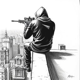 A striking black and white drawing of a hooded man viewed from the rear, positioned on the edge of a building rooftop