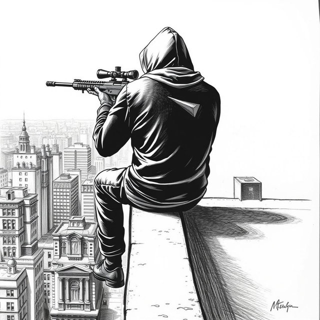 A striking black and white drawing of a hooded man viewed from the rear, positioned on the edge of a building rooftop