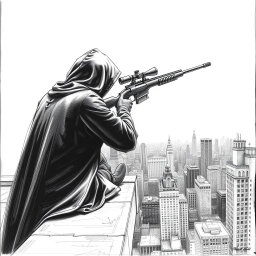 A detailed black and white drawing of a hooded man viewed from the rear, perched on the edge of a rooftop