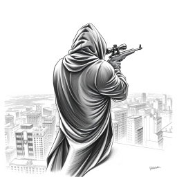 A detailed black and white drawing of a hooded man viewed from the rear, perched on the edge of a rooftop
