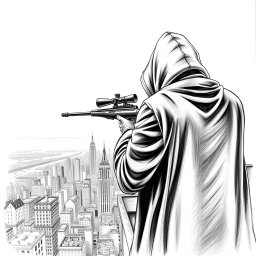 A detailed black and white drawing of a hooded man viewed from the rear, perched on the edge of a rooftop