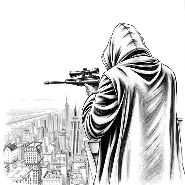 A detailed black and white drawing of a hooded man viewed from the rear, perched on the edge of a rooftop