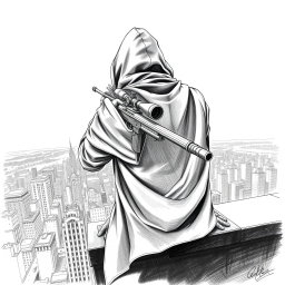 A detailed black and white drawing of a hooded man viewed from the rear, perched on the edge of a rooftop