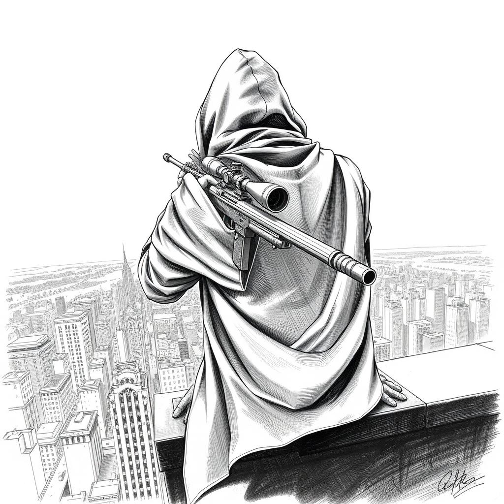 A detailed black and white drawing of a hooded man viewed from the rear, perched on the edge of a rooftop