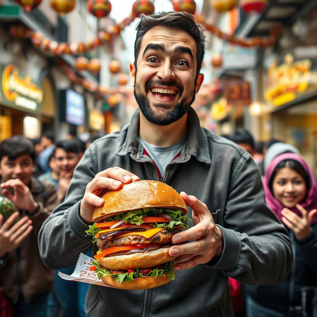 A man enthusiastically preparing a Gormeh Sabzi burger, while everyone around him is fainting in amazement