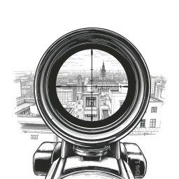 A captivating black and white drawing illustrating the view through a sniper scope, focused on a scene from the roof of a building