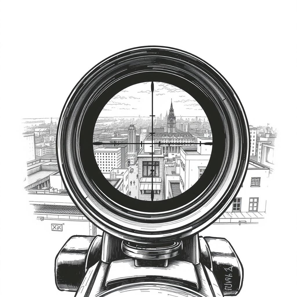 A captivating black and white drawing illustrating the view through a sniper scope, focused on a scene from the roof of a building