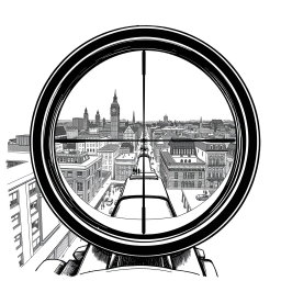 A captivating black and white drawing illustrating the view through a sniper scope, focused on a scene from the roof of a building