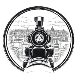 A captivating black and white drawing illustrating the view through a sniper scope, focused on a scene from the roof of a building