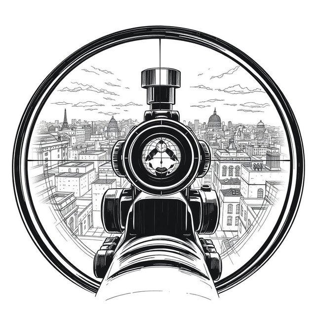 A captivating black and white drawing illustrating the view through a sniper scope, focused on a scene from the roof of a building