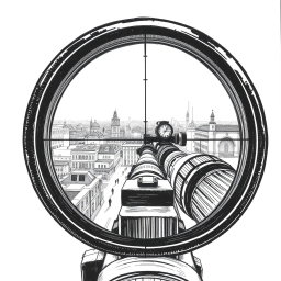 A captivating black and white drawing illustrating the view through a sniper scope, focused on a scene from the roof of a building