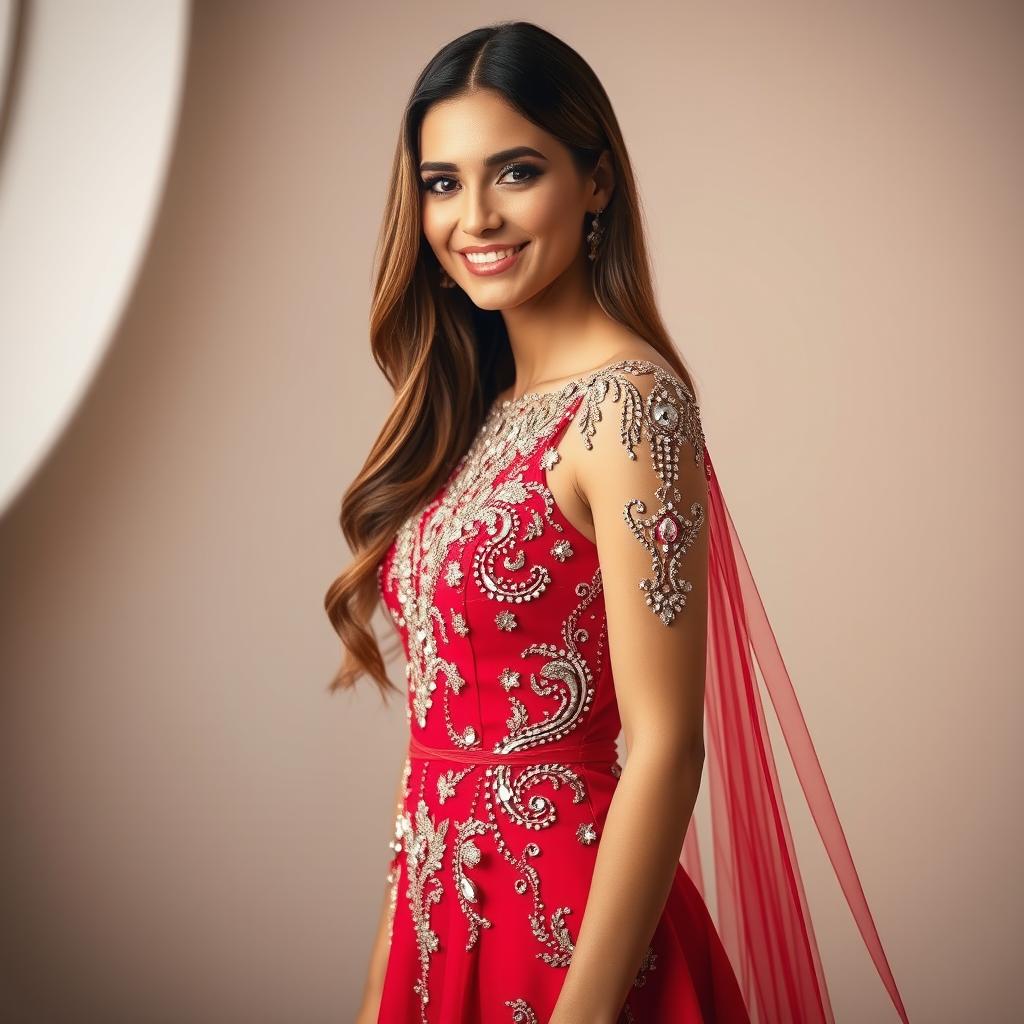 A beautiful woman wearing a stunning long red dress adorned with intricate rhinestone designs, showcasing a glamorous and elegant look