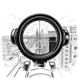 An engaging black and white drawing depicting the view through a sniper scope from the roof of a building