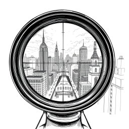 An engaging black and white drawing depicting the view through a sniper scope from the roof of a building