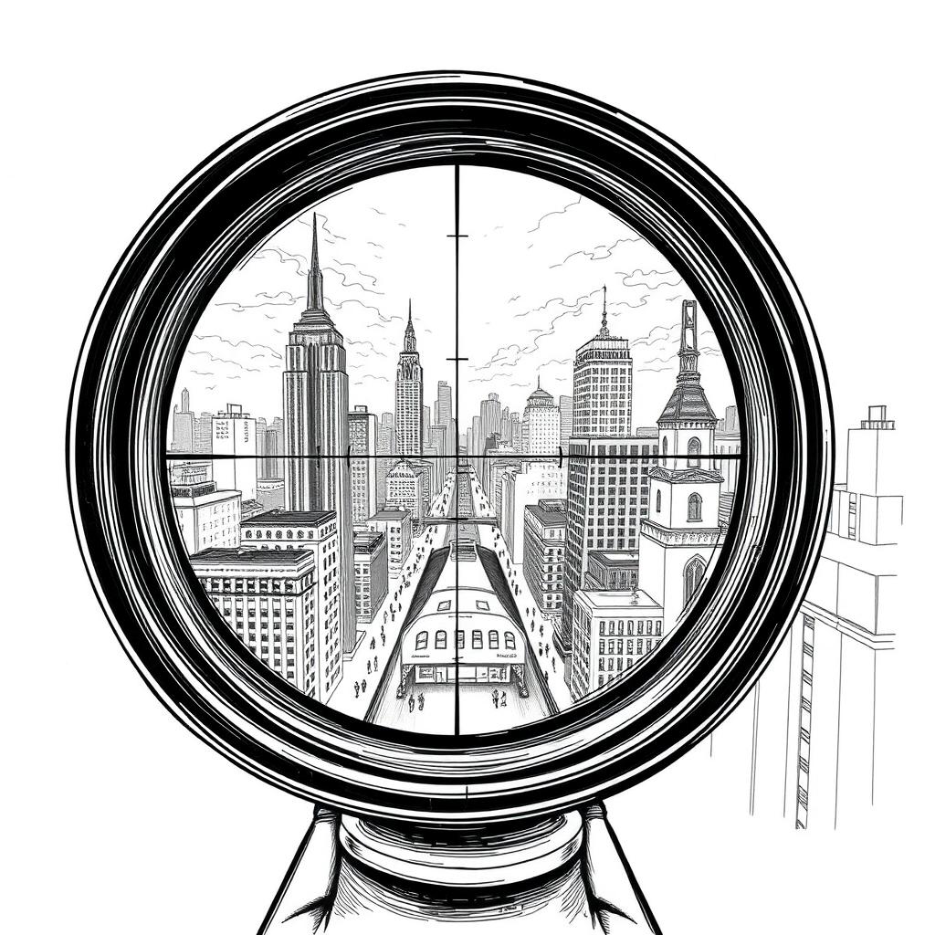An engaging black and white drawing depicting the view through a sniper scope from the roof of a building