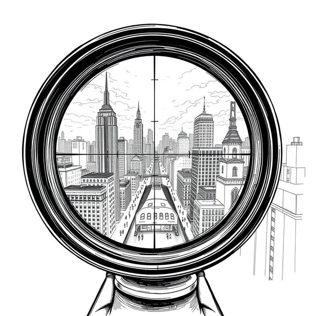 An engaging black and white drawing depicting the view through a sniper scope from the roof of a building