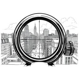 An engaging black and white drawing depicting the view through a sniper scope from the roof of a building