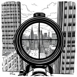 An engaging black and white drawing depicting the view through a sniper scope from the roof of a building