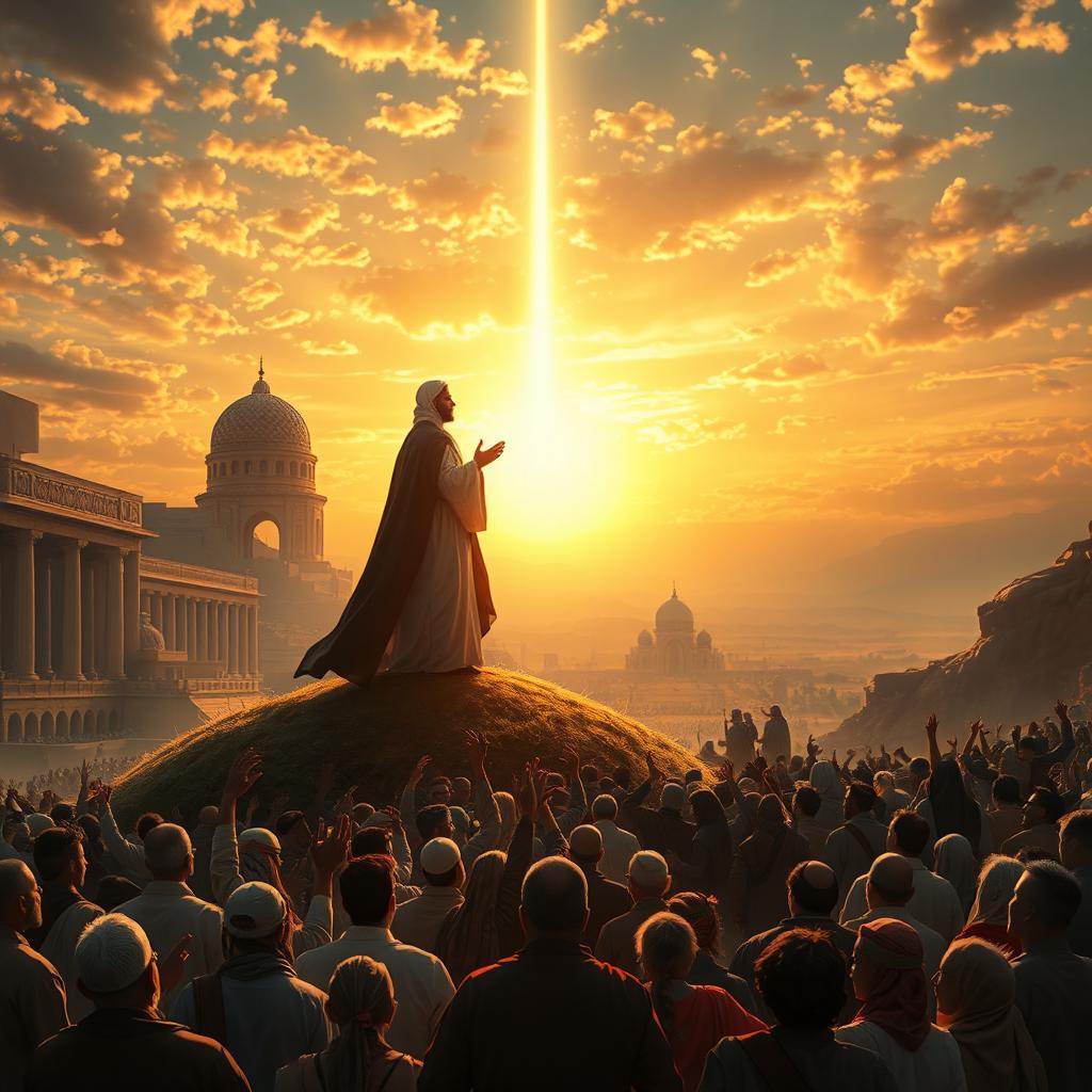A prophetic scene of the Imam Zaman's (the Mahdi) appearance, set in a grand landscape that combines elements of ancient and futuristic architecture