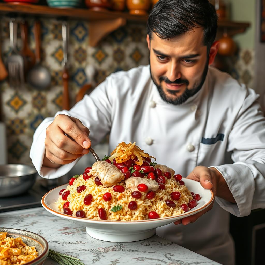 A skilled male chef preparing a beautiful plate of Persian Zereshk Polow (barberry rice) with succulent pieces of chicken
