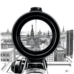 An intricate black and white drawing showcasing a view through a sniper scope, focusing on the iconic skyline of Moscow from the roof of a building