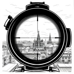 An intricate black and white drawing showcasing a view through a sniper scope, focusing on the iconic skyline of Moscow from the roof of a building