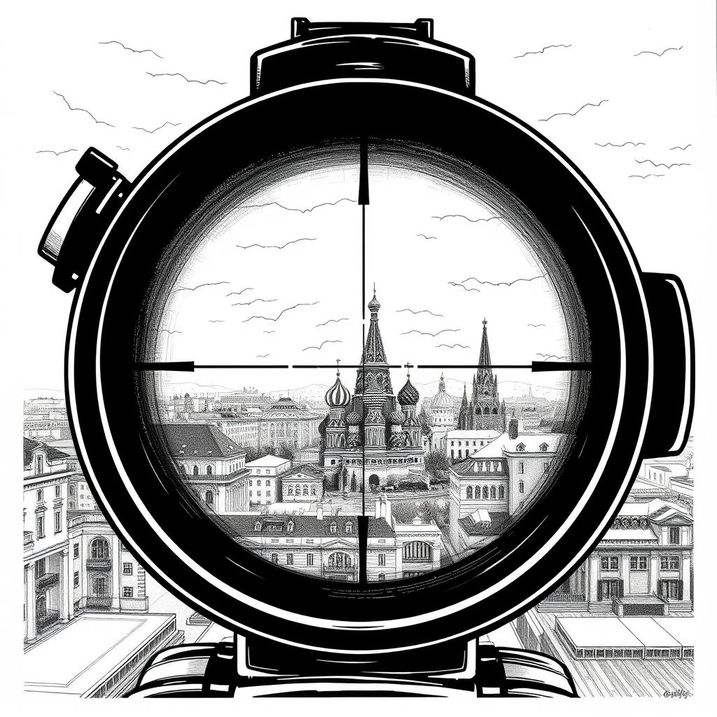An intricate black and white drawing showcasing a view through a sniper scope, focusing on the iconic skyline of Moscow from the roof of a building