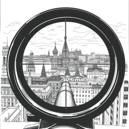 An intricate black and white drawing showcasing a view through a sniper scope, focusing on the iconic skyline of Moscow from the roof of a building