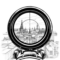 An intricate black and white drawing showcasing a view through a sniper scope, focusing on the iconic skyline of Moscow from the roof of a building