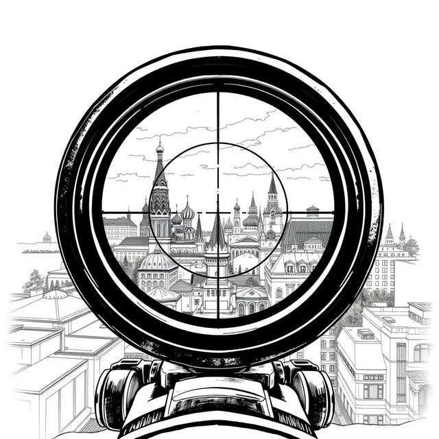 An intricate black and white drawing showcasing a view through a sniper scope, focusing on the iconic skyline of Moscow from the roof of a building