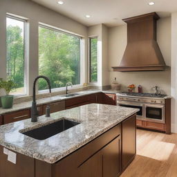 A spacious and beautifully arranged modern kitchen with high-end appliances, granite countertops, and ample natural light.