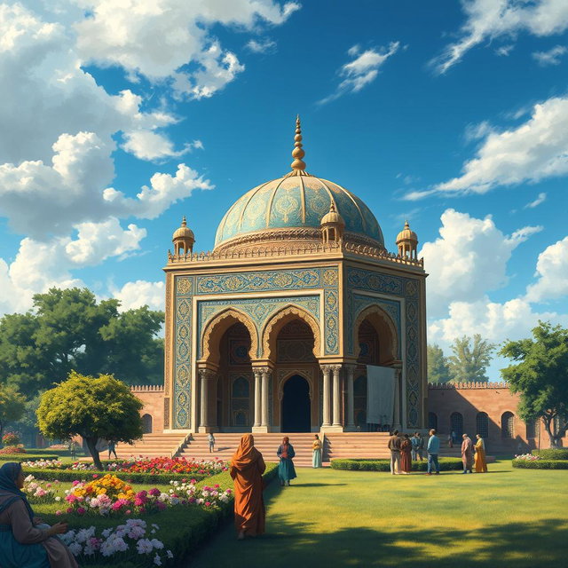 A beautifully detailed and vibrant lyrical painting of the tomb of Khaja Abdullah Ansari, showcasing its intricate architectural features