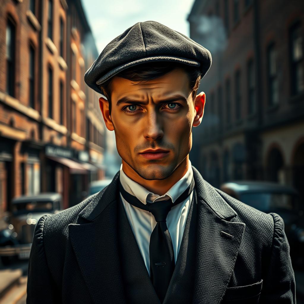 A portrait of a sharply dressed man inspired by the character Tommy Shelby from the show Peaky Blinders, set in a gritty urban environment reminiscent of 1920s Birmingham