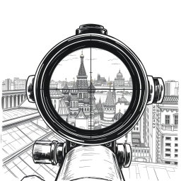 An expressive black and white drawing representing a view through a sniper scope from the roof of a building in Moscow